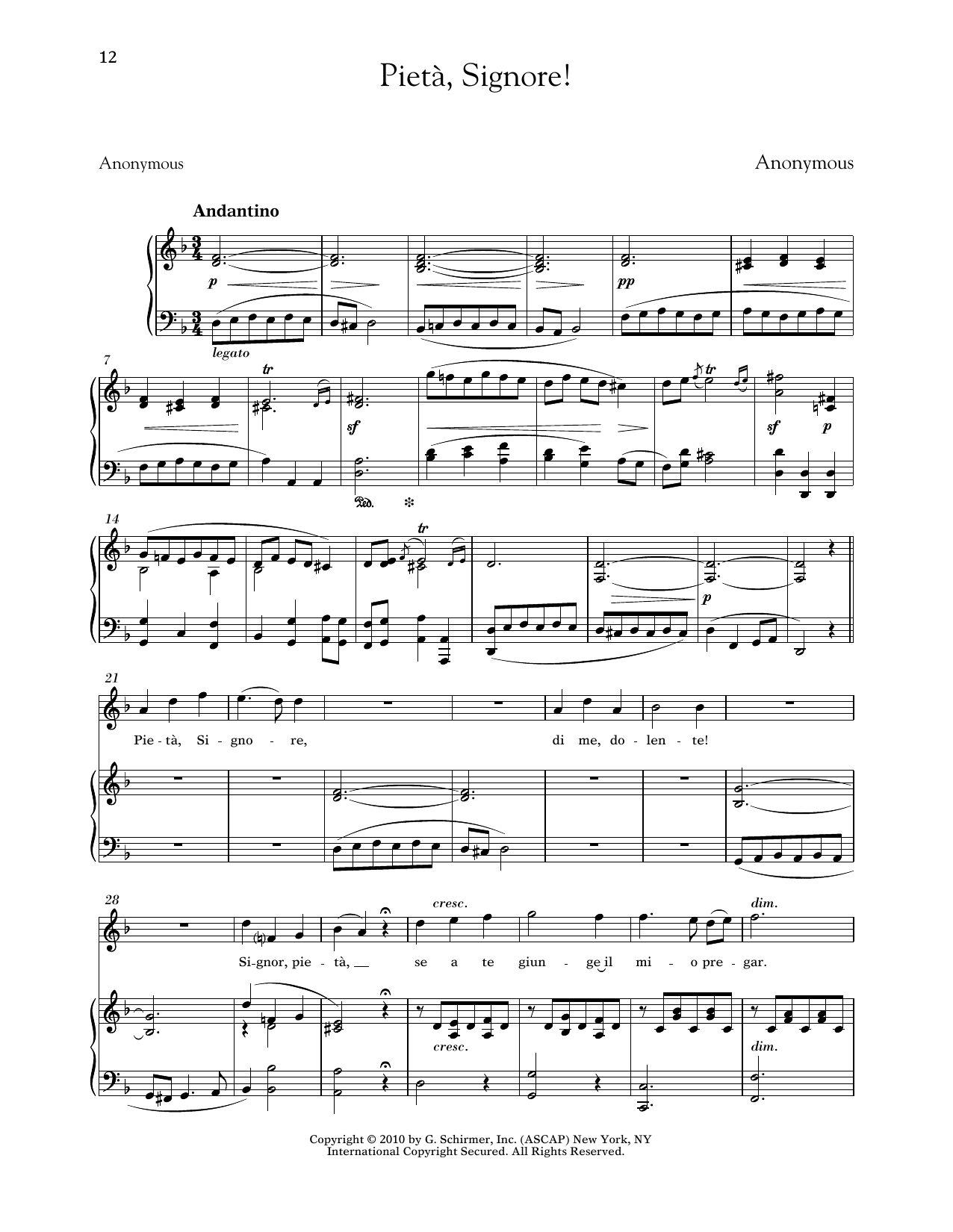 Richard Walters Pieta, Signore! (High Voice) sheet music, chords, lyrics - Printable PDF for Piano & Vocal