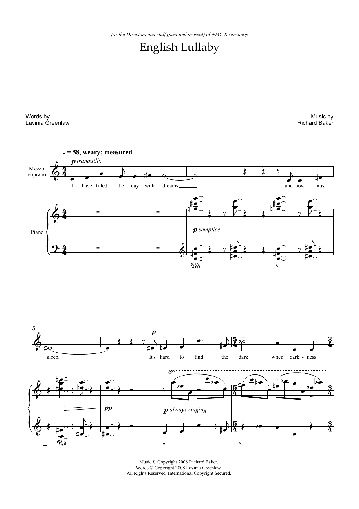 Richard Baker English Lullaby (for mezzo-soprano & piano) sheet music preview music notes and score for Piano & Vocal including 4 page(s)