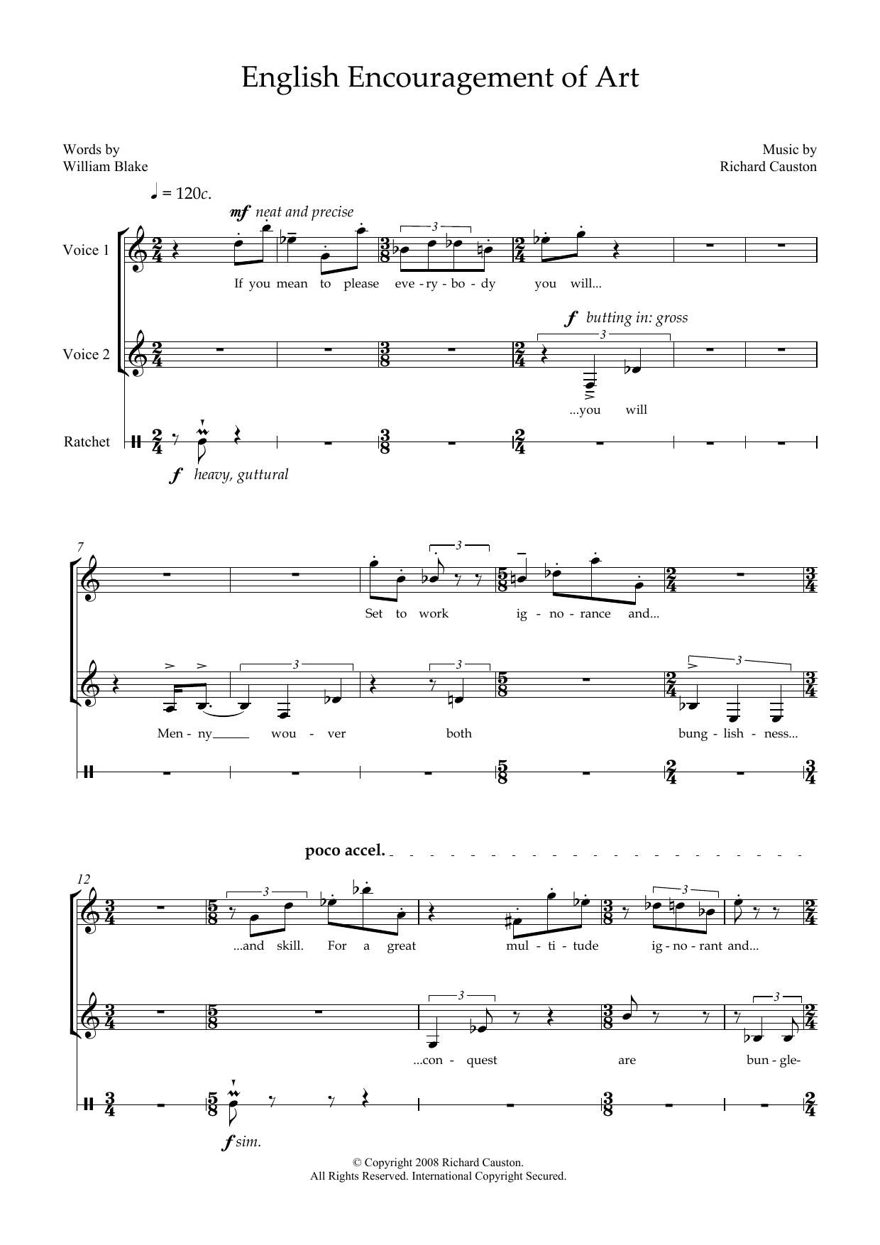 Richard Causton English Encouragement of Art (for soprano, mezzo-soprano & percussion) sheet music preview music notes and score for Piano & Vocal including 3 page(s)