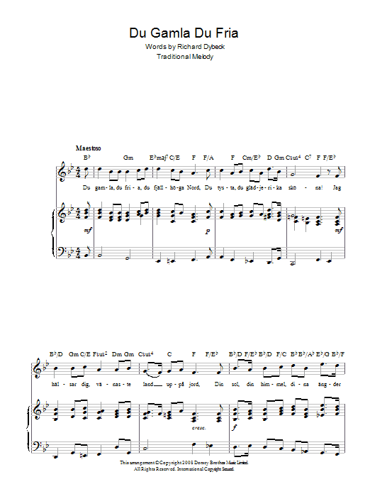 Learn to play Richard Dybeck Du Gamla Du Fria (Swedish National Anthem) sheet music for Piano, Vocal & Guitar (Right-Hand Melody) in minutes. Richard Dybeck Du Gamla Du Fria (Swedish National Anthem) sheet music preview music notes and score for Piano, Vocal & Guitar (Right-Hand Melody) including 2 page(s)