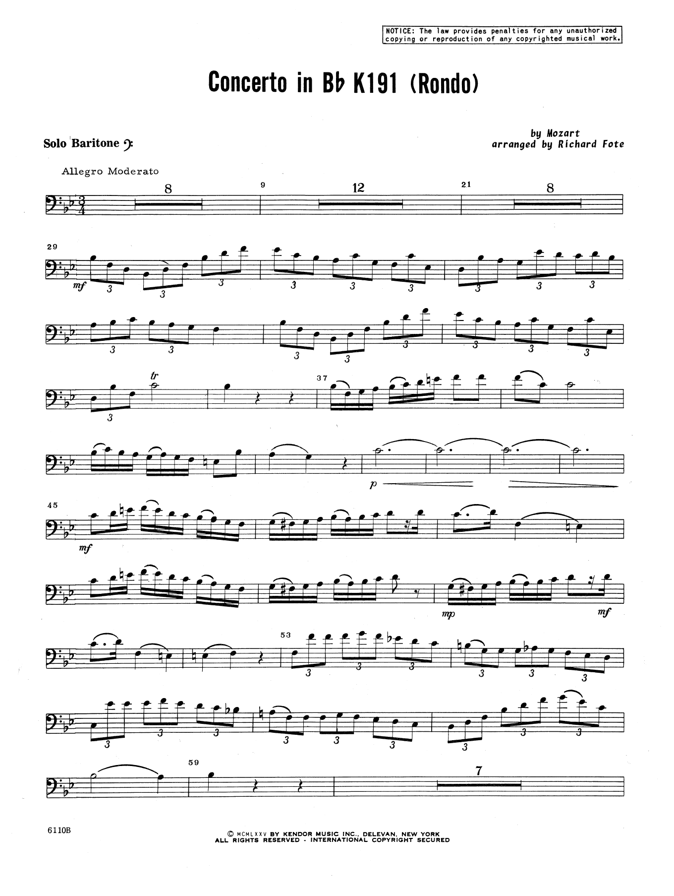 Learn to play Richard Fote Concerto In Bb K191 (Rondo) - Baritone B.C. sheet music for Brass Solo in minutes. Richard Fote Concerto In Bb K191 (Rondo) - Baritone B.C. sheet music preview music notes and score for Brass Solo including 3 page(s)