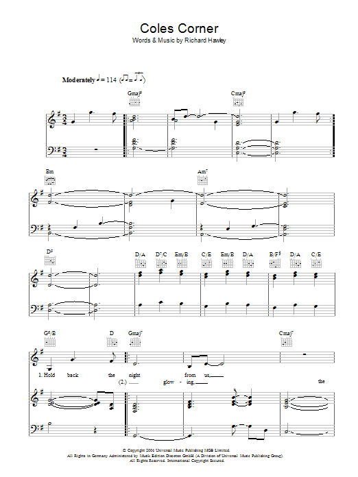 Learn to play Richard Hawley Coles Corner sheet music for Piano, Vocal & Guitar in minutes. Richard Hawley Coles Corner sheet music preview music notes and score for Piano, Vocal & Guitar including 6 page(s)