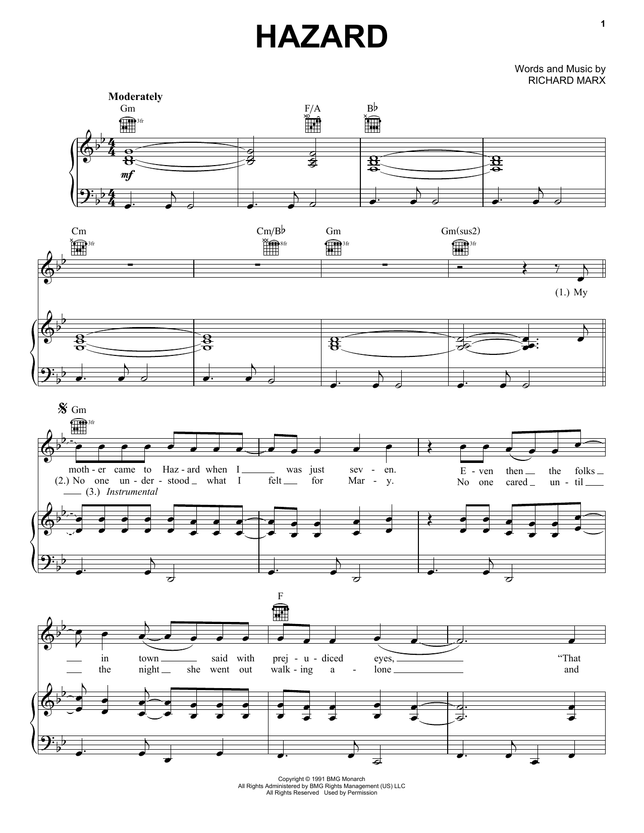 Richard Marx Hazard sheet music preview music notes and score for Piano, Vocal & Guitar (Right-Hand Melody) including 4 page(s)