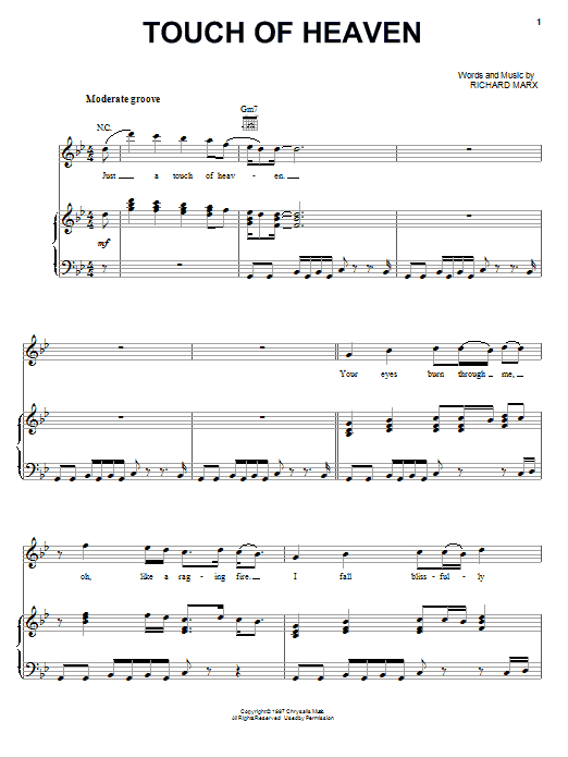 Learn to play Richard Marx Touch Of Heaven sheet music for Piano, Vocal & Guitar (Right-Hand Melody) in minutes. Richard Marx Touch Of Heaven sheet music preview music notes and score for Piano, Vocal & Guitar (Right-Hand Melody) including 6 page(s)
