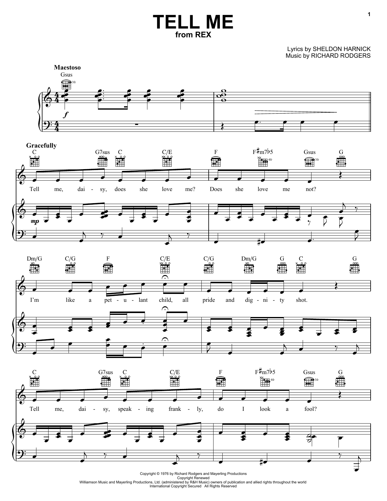 Richard Rodgers Tell Me sheet music preview music notes and score for Piano, Vocal & Guitar (Right-Hand Melody) including 5 page(s)