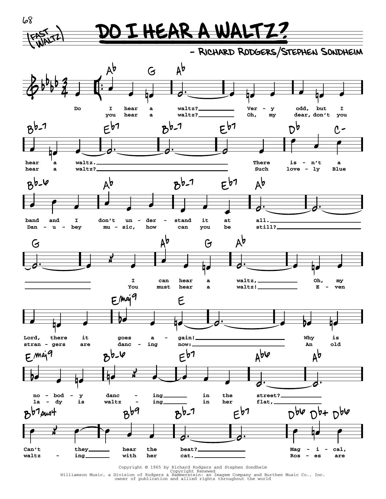 Learn to play Richard Rodgers and Stephen Sondheim Do I Hear A Waltz? (High Voice) sheet music for Real Book – Melody, Lyrics & Chords in minutes. Richard Rodgers and Stephen Sondheim Do I Hear A Waltz? (High Voice) sheet music preview music notes and score for Real Book – Melody, Lyrics & Chords including 2 page(s)