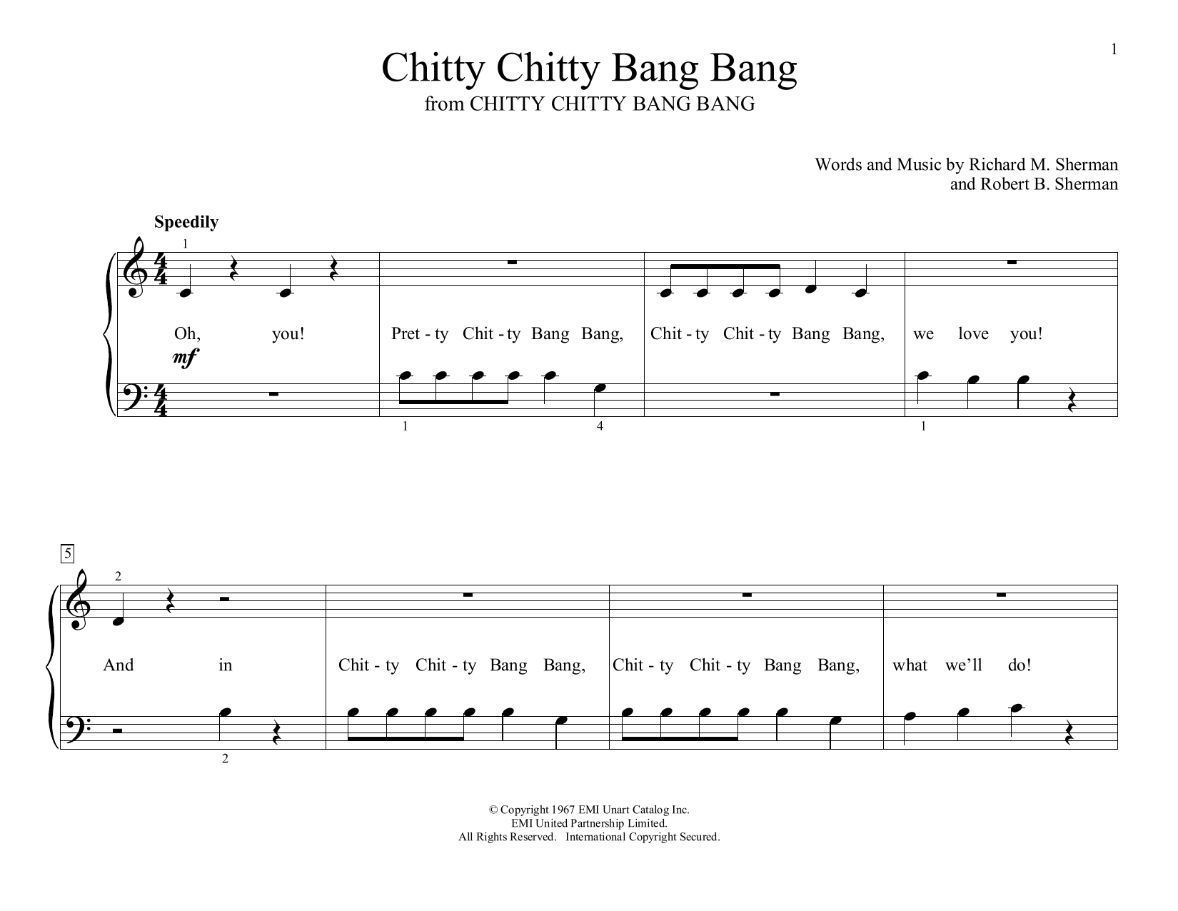 Learn to play Richard Sherman & Robert Sherman Chitty Chitty Bang Bang (arr. Christopher Hussey) sheet music for Educational Piano in minutes. Richard Sherman & Robert Sherman Chitty Chitty Bang Bang (arr. Christopher Hussey) sheet music preview music notes and score for Educational Piano including 2 page(s)