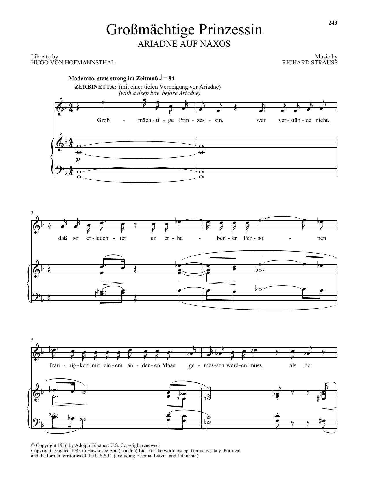 Richard Strauss Grossmatige Prinzessin (from Ariadne auf Naxos) sheet music preview music notes and score for Piano & Vocal including 21 page(s)