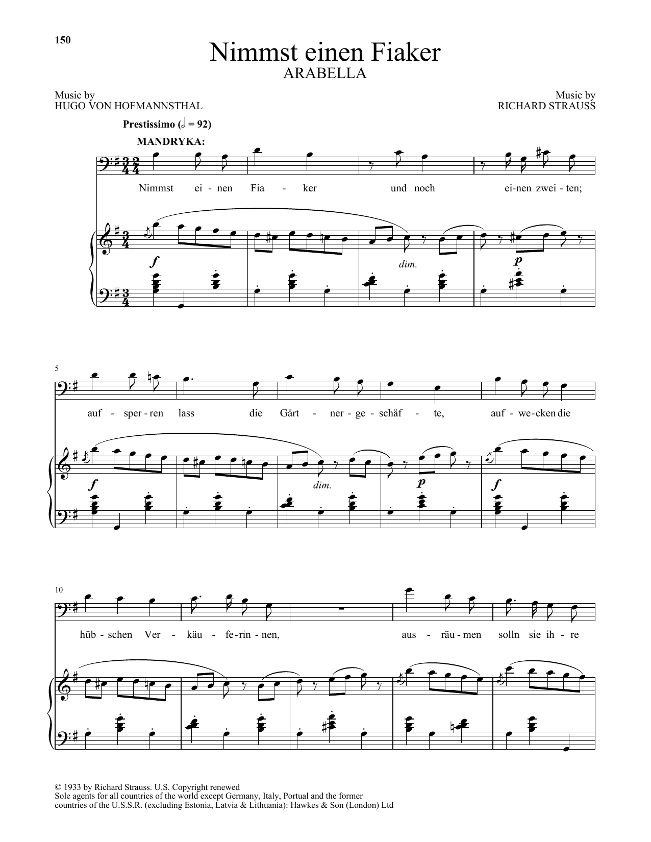 Learn to play Richard Strauss Nimmst einen Fiaker (from Arabella) sheet music for Piano & Vocal in minutes. Richard Strauss Nimmst einen Fiaker (from Arabella) sheet music preview music notes and score for Piano & Vocal including 3 page(s)