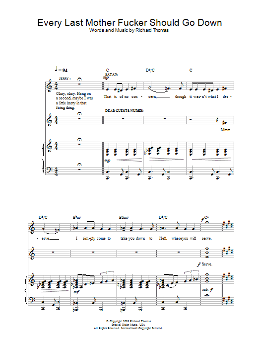 Richard Thomas Every Last Mother Fucker Should Go Down (from Jerry Springer The Opera) sheet music preview music notes and score for Piano, Vocal & Guitar including 16 page(s)
