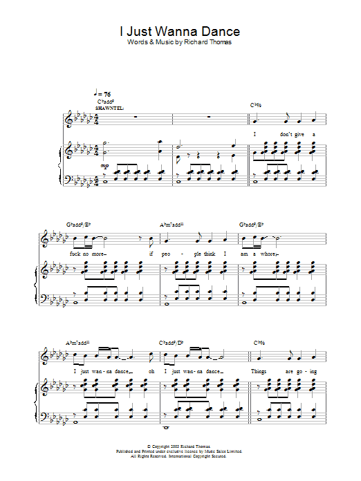 Richard Thomas I Just Wanna Dance (from Jerry Springer The Opera) sheet music preview music notes and score for Piano, Vocal & Guitar including 5 page(s)