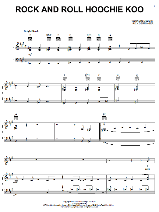 Download Rick Derringer Rock And Roll Hoochie Koo sheet music notes and chords for Piano, Vocal & Guitar (Right-Hand Melody) - Download Printable PDF and start playing in minutes.