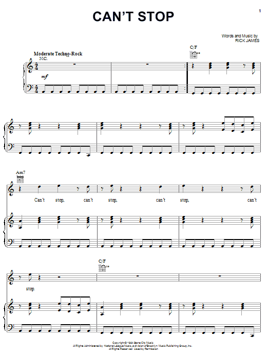 Rick James Can't Stop sheet music preview music notes and score for Piano, Vocal & Guitar (Right-Hand Melody) including 9 page(s)