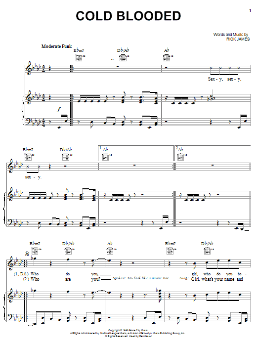 Rick James Cold Blooded sheet music preview music notes and score for Piano, Vocal & Guitar (Right-Hand Melody) including 8 page(s)