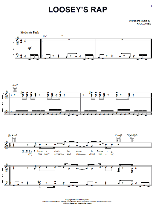 Learn to play Rick James Loosey's Rap sheet music for Piano, Vocal & Guitar (Right-Hand Melody) in minutes. Rick James Loosey's Rap sheet music preview music notes and score for Piano, Vocal & Guitar (Right-Hand Melody) including 8 page(s)