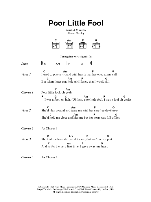 Learn to play Rick Nelson Poor Little Fool sheet music for Lyrics & Chords in minutes. Rick Nelson Poor Little Fool sheet music preview music notes and score for Lyrics & Chords including 2 page(s)