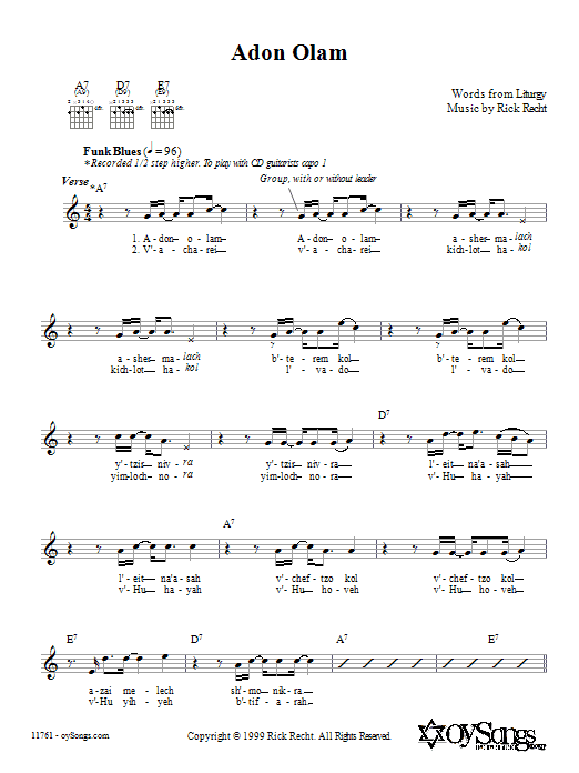 Learn to play Rick Recht Adon Olam sheet music for Melody Line, Lyrics & Chords in minutes. Rick Recht Adon Olam sheet music preview music notes and score for Melody Line, Lyrics & Chords including 2 page(s)