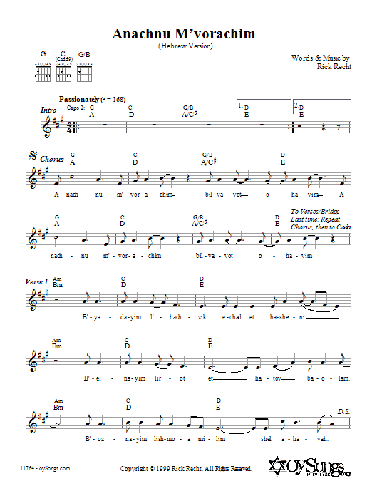Learn to play Rick Recht Anachnu M'vorachim (Hebrew-Only version) sheet music for Melody Line, Lyrics & Chords in minutes. Rick Recht Anachnu M'vorachim (Hebrew-Only version) sheet music preview music notes and score for Melody Line, Lyrics & Chords including 2 page(s)