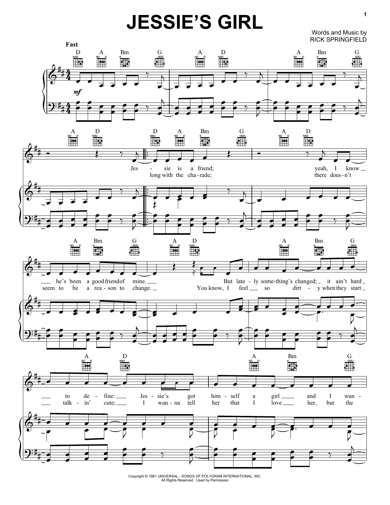 Rick Springfield Jessie's Girl sheet music preview music notes and score for Piano, Vocal & Guitar (Right-Hand Melody) including 6 page(s)