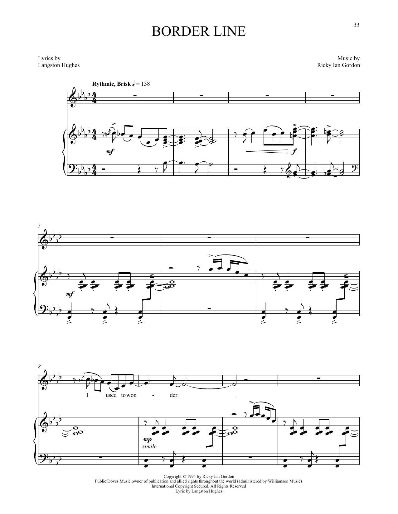 Ricky Ian Gordon Border Line sheet music, chords, lyrics - Printable PDF for Piano & Vocal