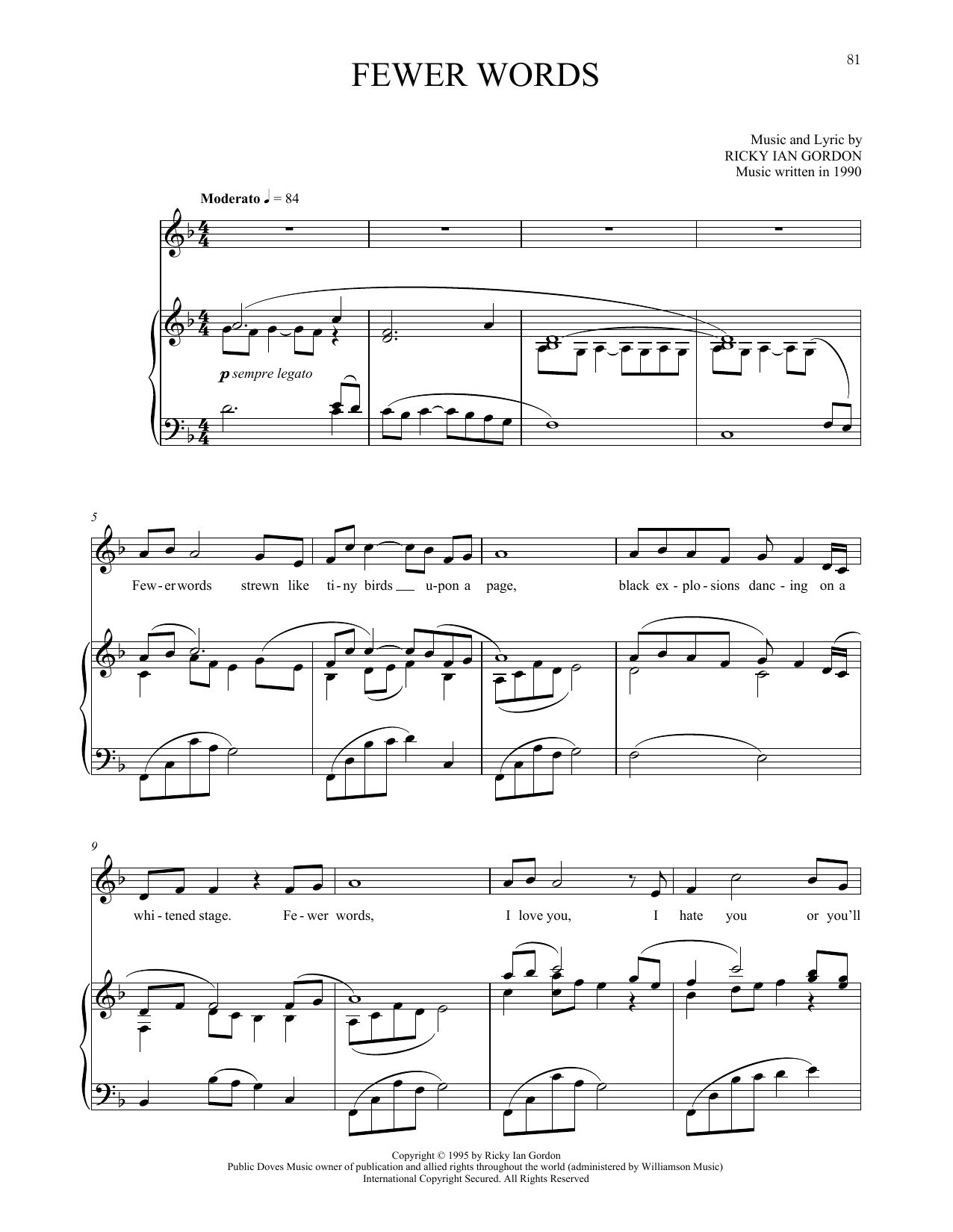 Ricky Ian Gordon Fewer Words sheet music, chords, lyrics - Printable PDF for Piano & Vocal