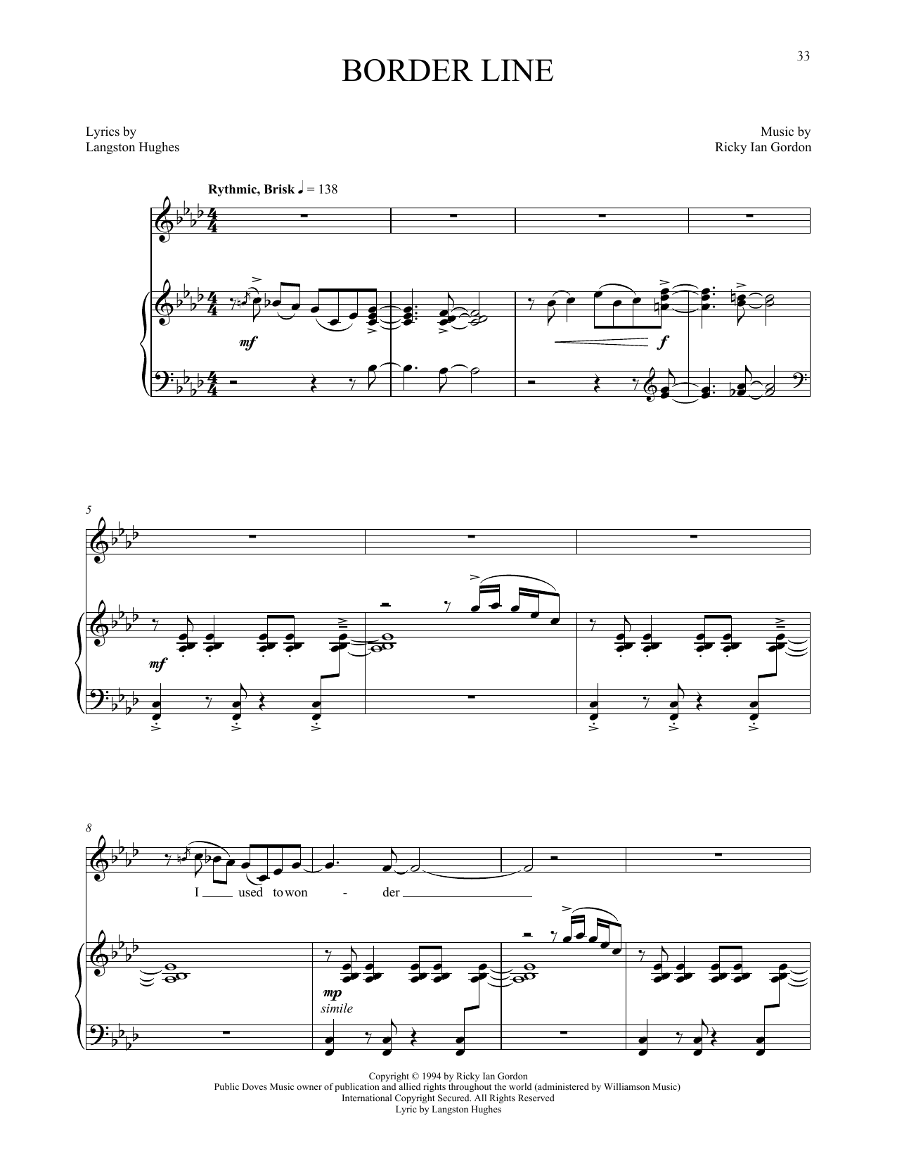 Ricky Ian Gordon Border Line sheet music preview music notes and score for Piano & Vocal including 7 page(s)