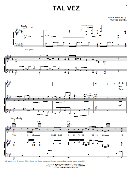 Learn to play Ricky Martin Tal Vez sheet music for Piano, Vocal & Guitar (Right-Hand Melody) in minutes. Ricky Martin Tal Vez sheet music preview music notes and score for Piano, Vocal & Guitar (Right-Hand Melody) including 7 page(s)