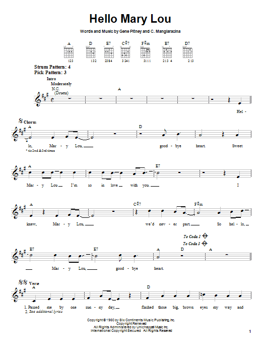 Learn to play Ricky Nelson Hello Mary Lou sheet music for Piano, Vocal & Guitar (Right-Hand Melody) in minutes. Ricky Nelson Hello Mary Lou sheet music preview music notes and score for Piano, Vocal & Guitar (Right-Hand Melody) including 3 page(s)