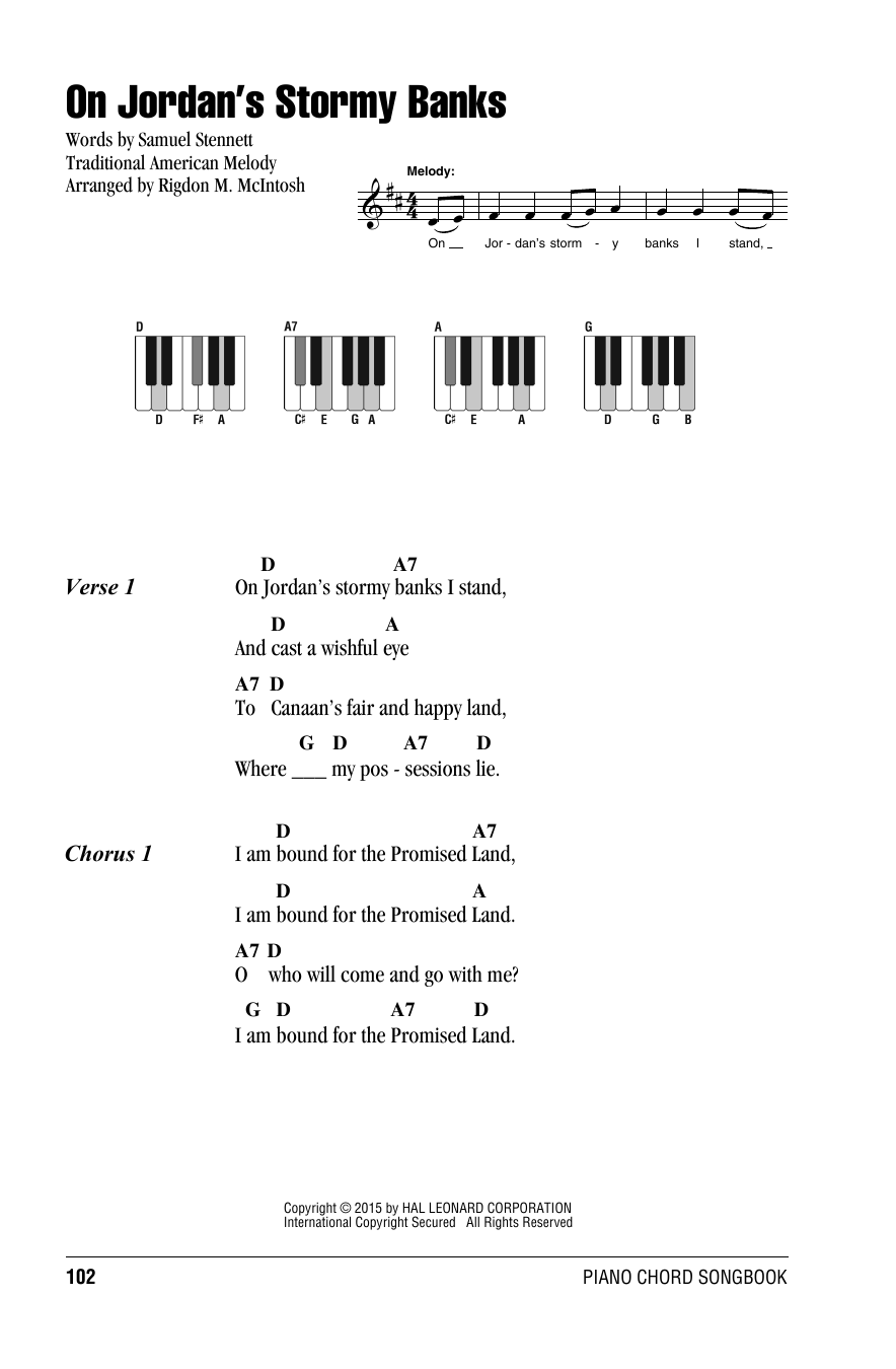 Traditional American Folksong On Jordan's Stormy Banks sheet music, chords, lyrics - Printable PDF for Lyrics & Piano Chords