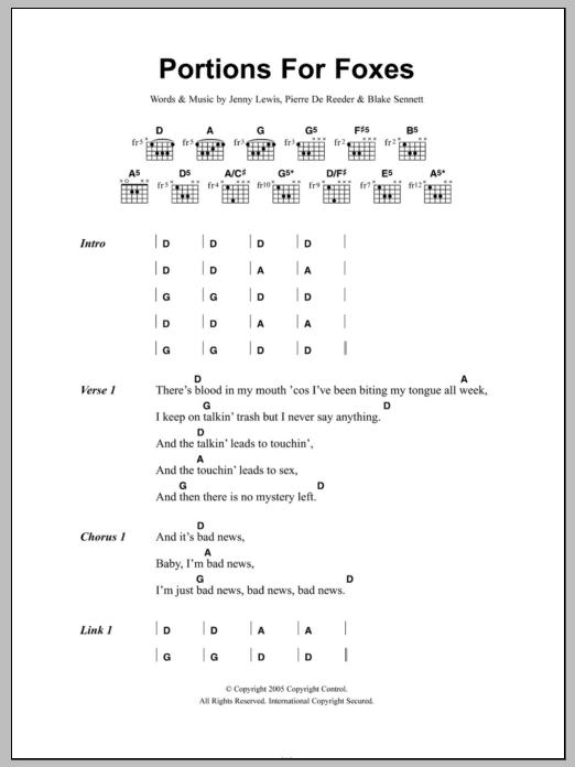 Rilo Kiley Portions For Foxes sheet music, chords, lyrics - Printable PDF for Lyrics & Chords