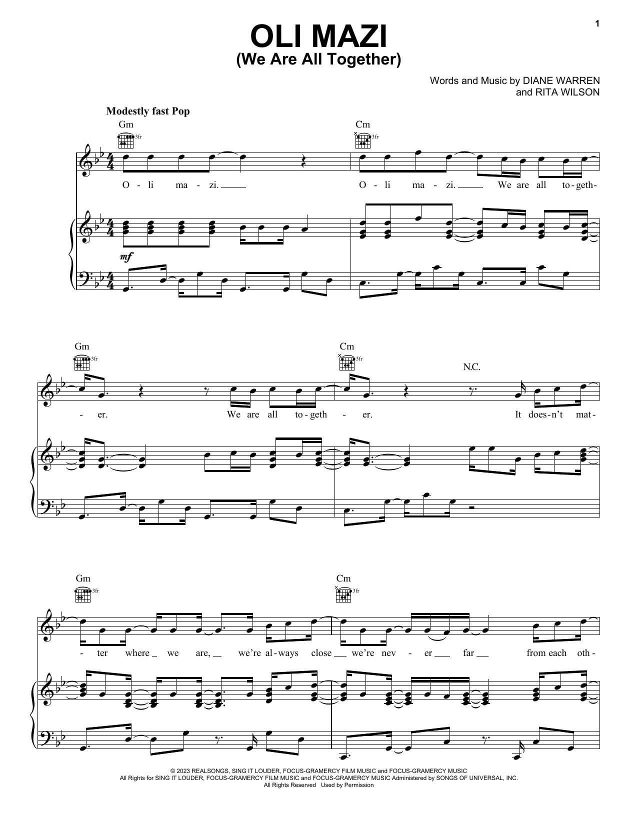 Rita Wilson & Christos Mastoras OLI MAZI (We Are All Together) (from My Big Fat Greek Wedding 3) sheet music, chords, lyrics - Printable PDF for Piano, Vocal & Guitar Chords (Right-Hand Melody)