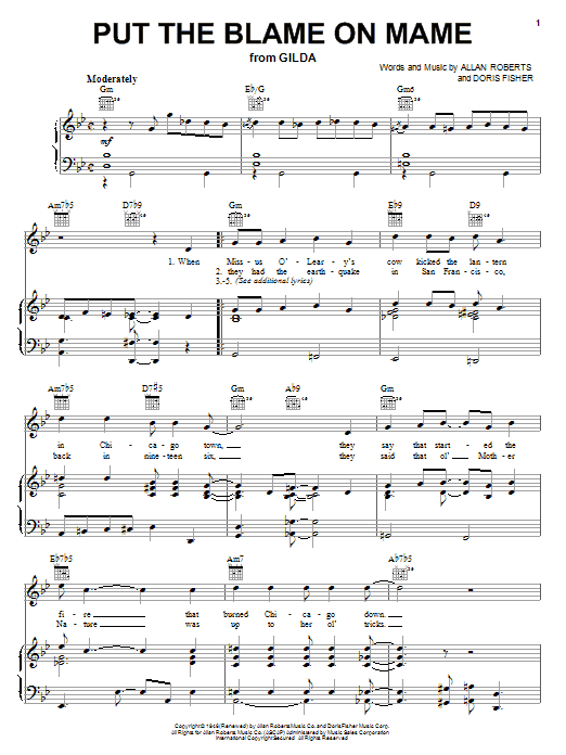 Rita Hayworth Put The Blame On Mame sheet music preview music notes and score for Piano, Vocal & Guitar (Right-Hand Melody) including 3 page(s)