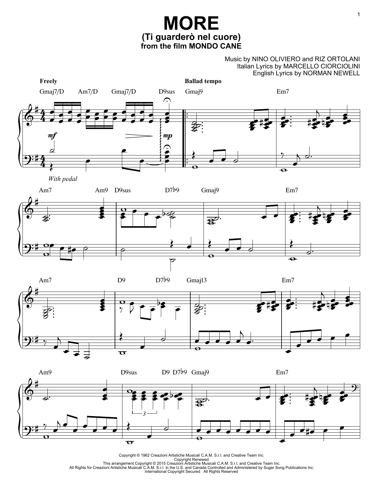Riz Ortolani More (Ti Guarderò Nel Cuore) sheet music, chords, lyrics - Printable PDF for Piano