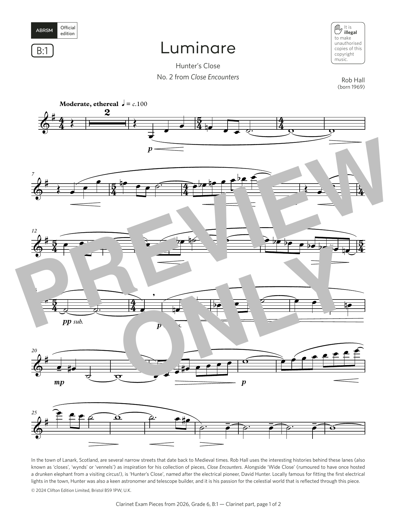 Rob Hall Luminare (Grade 6, list B1, from the ABRSM Clarinet Syllabus from 2026) sheet music, chords, lyrics - Printable PDF for Clarinet Solo