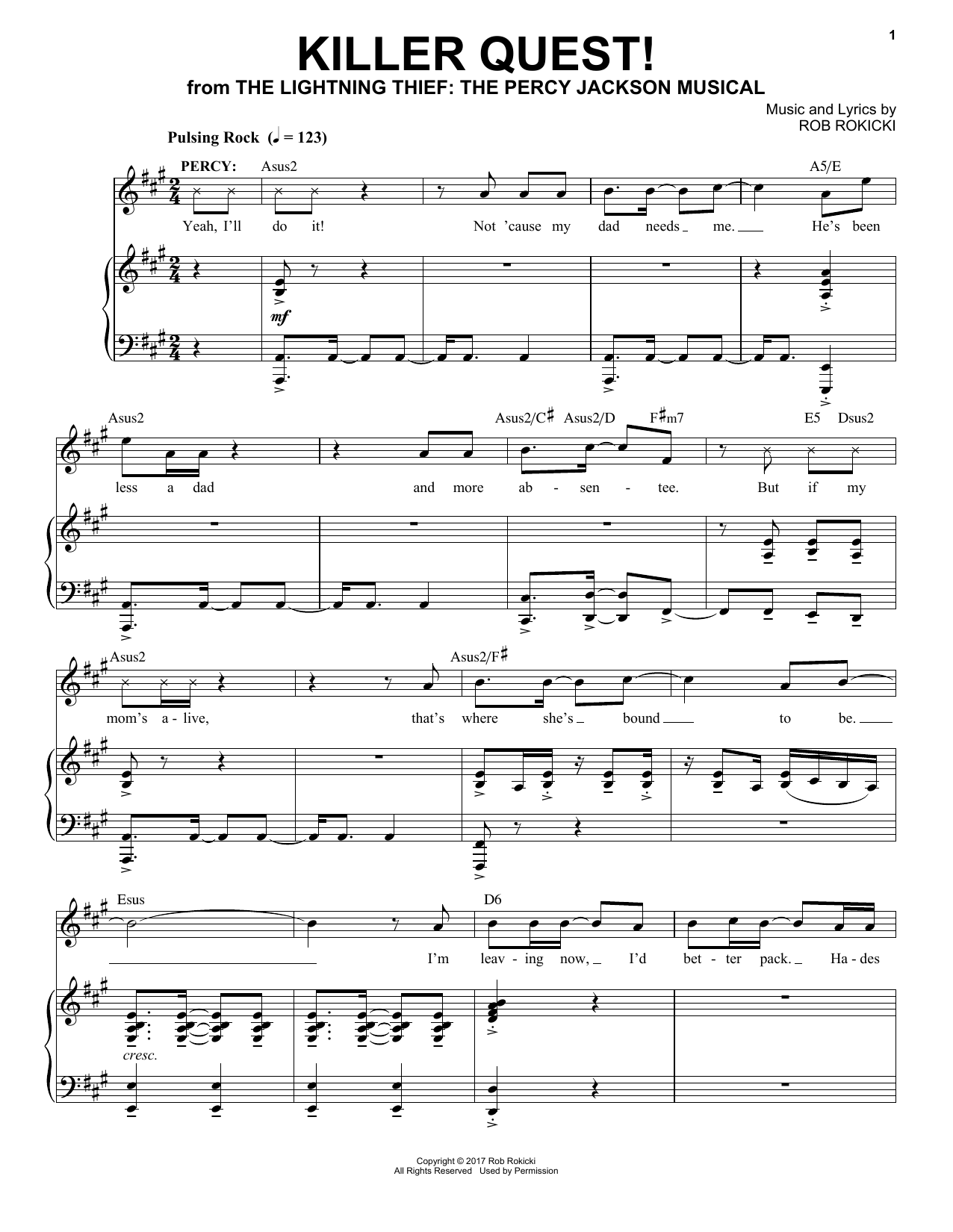 Rob Rokicki Killer Quest! (from The Lightning Thief: The Percy Jackson Musical) sheet music, chords, lyrics - Printable PDF for Piano & Vocal