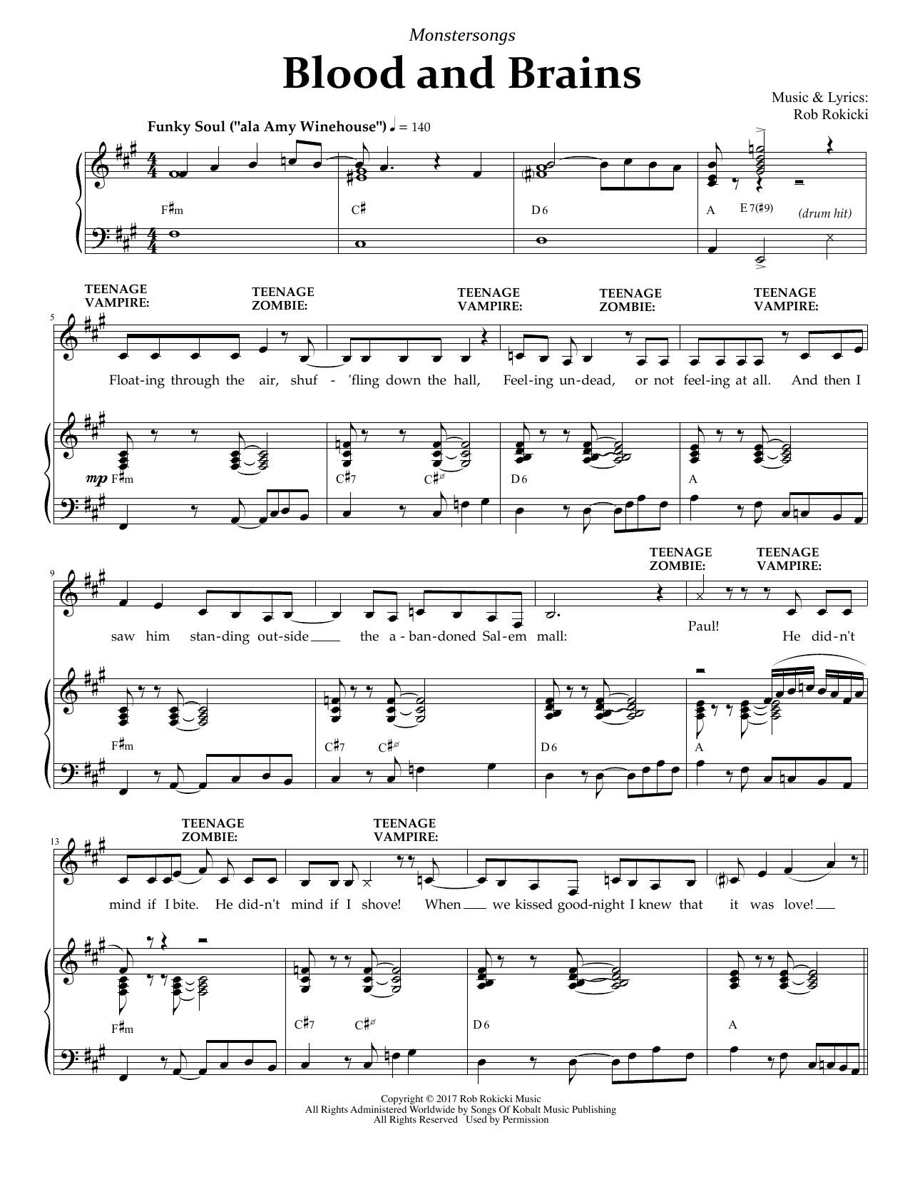 Learn to play Rob Rokicki Blood And Brains (from Monstersongs) sheet music for Piano & Vocal in minutes. Rob Rokicki Blood And Brains (from Monstersongs) sheet music preview music notes and score for Piano & Vocal including 7 page(s)