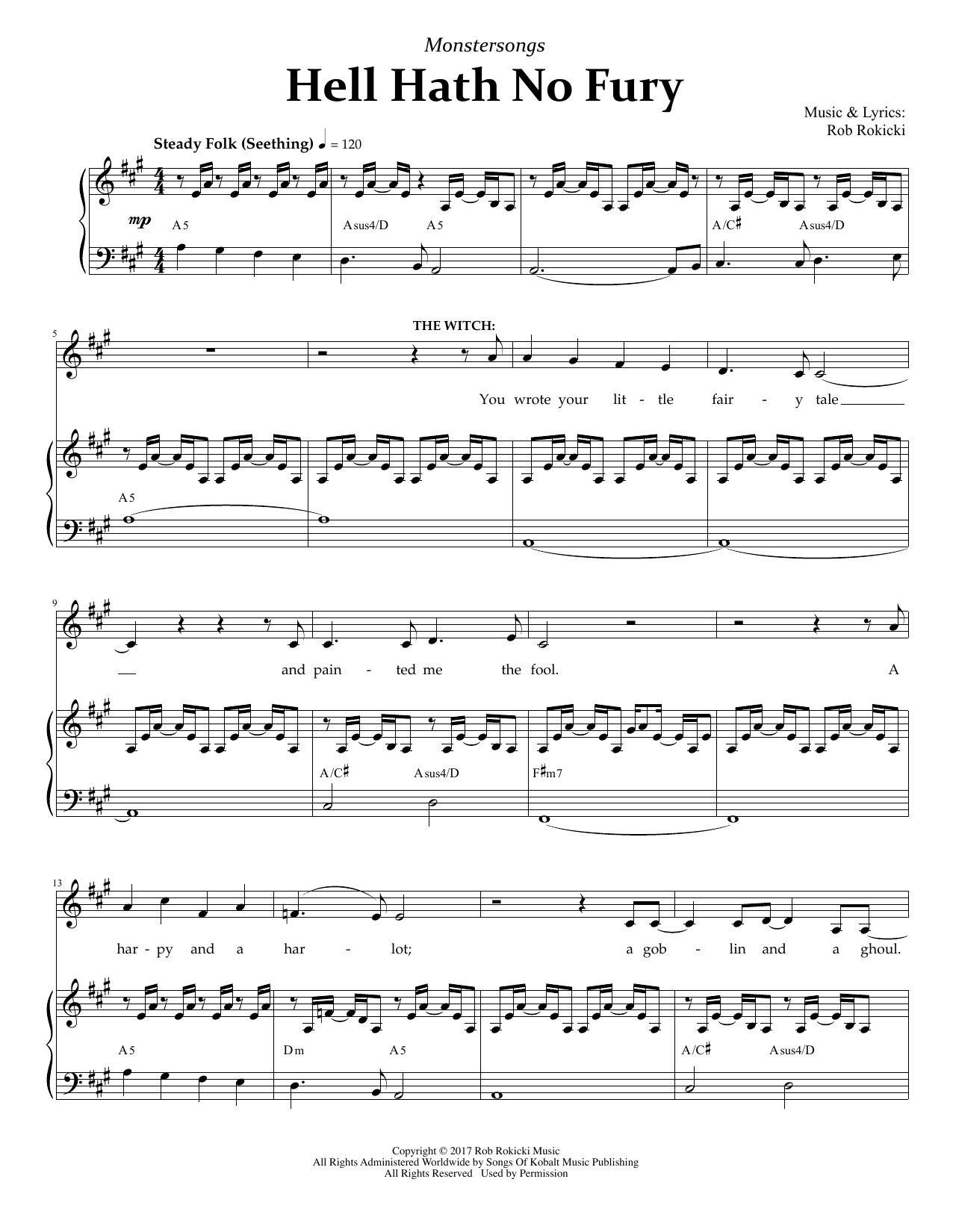 Learn to play Rob Rokicki Hell Hath No Fury (from Monstersongs) sheet music for Piano & Vocal in minutes. Rob Rokicki Hell Hath No Fury (from Monstersongs) sheet music preview music notes and score for Piano & Vocal including 8 page(s)