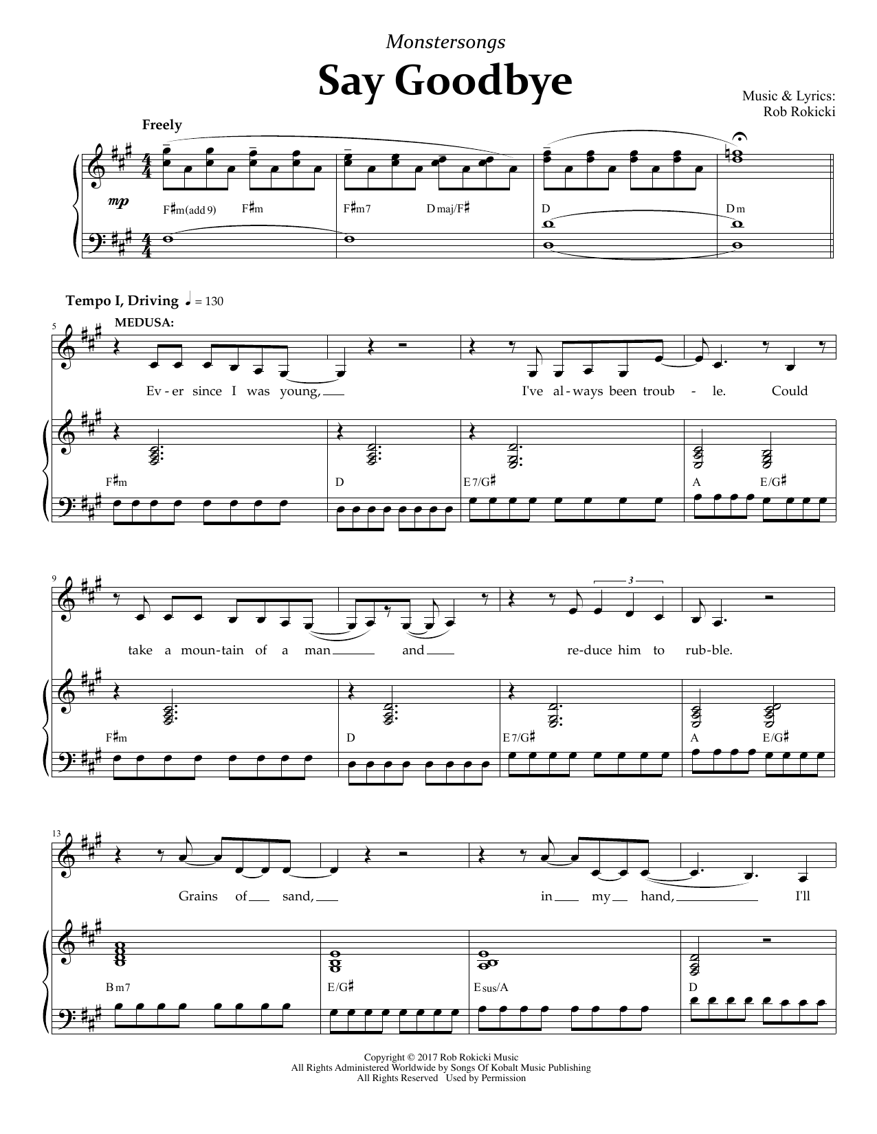 Learn to play Rob Rokicki Say Goodbye (from Monstersongs) sheet music for Piano & Vocal in minutes. Rob Rokicki Say Goodbye (from Monstersongs) sheet music preview music notes and score for Piano & Vocal including 9 page(s)