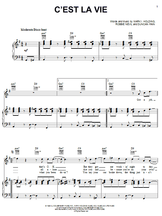 Learn to play Robbie Nevil C'est La Vie sheet music for Piano, Vocal & Guitar (Right-Hand Melody) in minutes. Robbie Nevil C'est La Vie sheet music preview music notes and score for Piano, Vocal & Guitar (Right-Hand Melody) including 4 page(s)