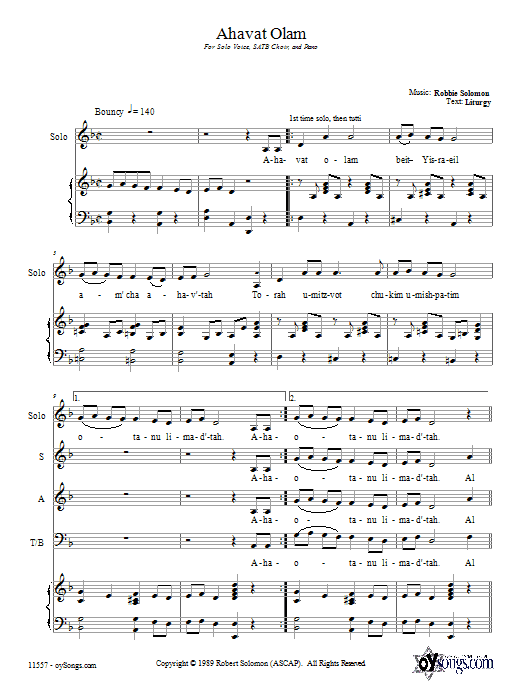 Learn to play Robbie Solomon Ahavat Olam sheet music for SATB in minutes. Robbie Solomon Ahavat Olam sheet music preview music notes and score for SATB including 5 page(s)