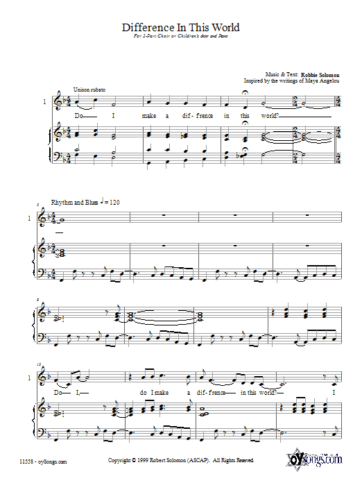 Learn to play Robbie Solomon Difference In This World sheet music for 2-Part Choir in minutes. Robbie Solomon Difference In This World sheet music preview music notes and score for 2-Part Choir including 10 page(s)