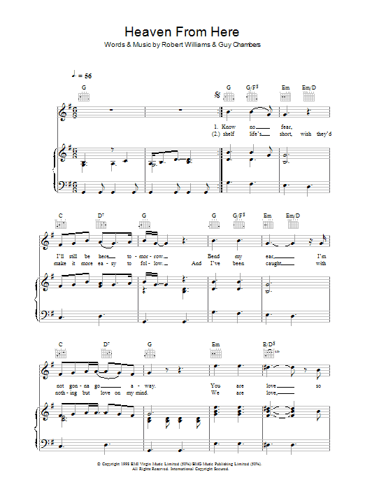 Learn to play Robbie Williams Heaven From Here sheet music for Piano, Vocal & Guitar (Right-Hand Melody) in minutes. Robbie Williams Heaven From Here sheet music preview music notes and score for Piano, Vocal & Guitar (Right-Hand Melody) including 5 page(s)