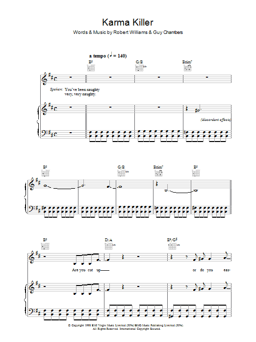 Learn to play Robbie Williams Karma Killer sheet music for Piano, Vocal & Guitar (Right-Hand Melody) in minutes. Robbie Williams Karma Killer sheet music preview music notes and score for Piano, Vocal & Guitar (Right-Hand Melody) including 10 page(s)
