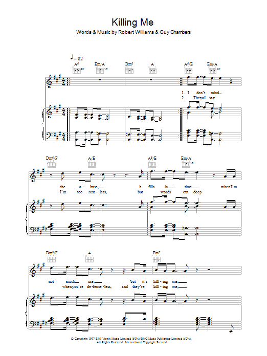 Learn to play Robbie Williams Killing Me sheet music for Piano, Vocal & Guitar (Right-Hand Melody) in minutes. Robbie Williams Killing Me sheet music preview music notes and score for Piano, Vocal & Guitar (Right-Hand Melody) including 7 page(s)