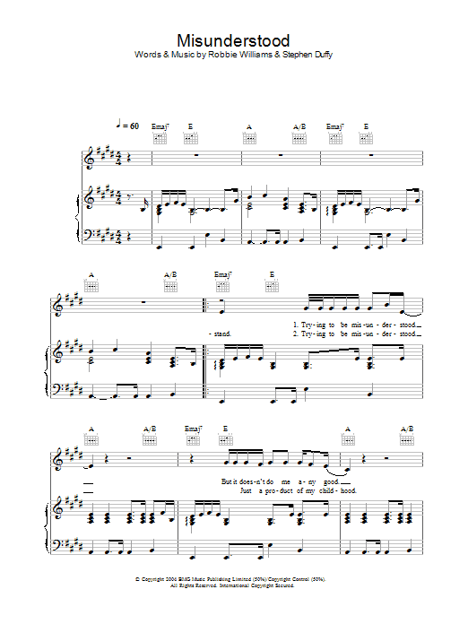 Learn to play Robbie Williams Misunderstood sheet music for Piano, Vocal & Guitar in minutes. Robbie Williams Misunderstood sheet music preview music notes and score for Piano, Vocal & Guitar including 4 page(s)