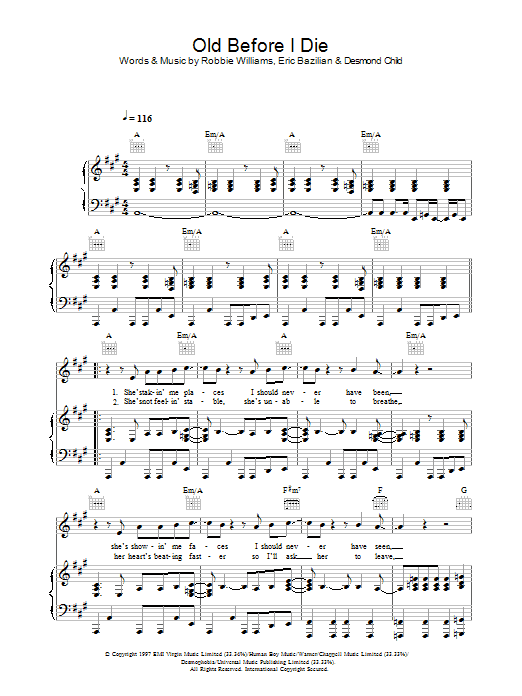 Learn to play Robbie Williams Old Before I Die sheet music for Piano, Vocal & Guitar (Right-Hand Melody) in minutes. Robbie Williams Old Before I Die sheet music preview music notes and score for Piano, Vocal & Guitar (Right-Hand Melody) including 5 page(s)