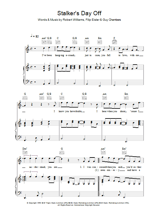 Learn to play Robbie Williams Stalker's Day Off sheet music for Piano, Vocal & Guitar (Right-Hand Melody) in minutes. Robbie Williams Stalker's Day Off sheet music preview music notes and score for Piano, Vocal & Guitar (Right-Hand Melody) including 4 page(s)