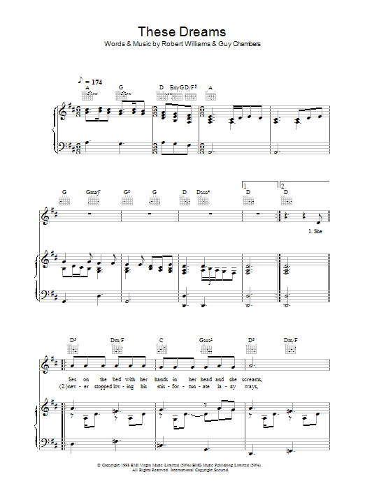 Learn to play Robbie Williams These Dreams sheet music for Piano, Vocal & Guitar (Right-Hand Melody) in minutes. Robbie Williams These Dreams sheet music preview music notes and score for Piano, Vocal & Guitar (Right-Hand Melody) including 6 page(s)