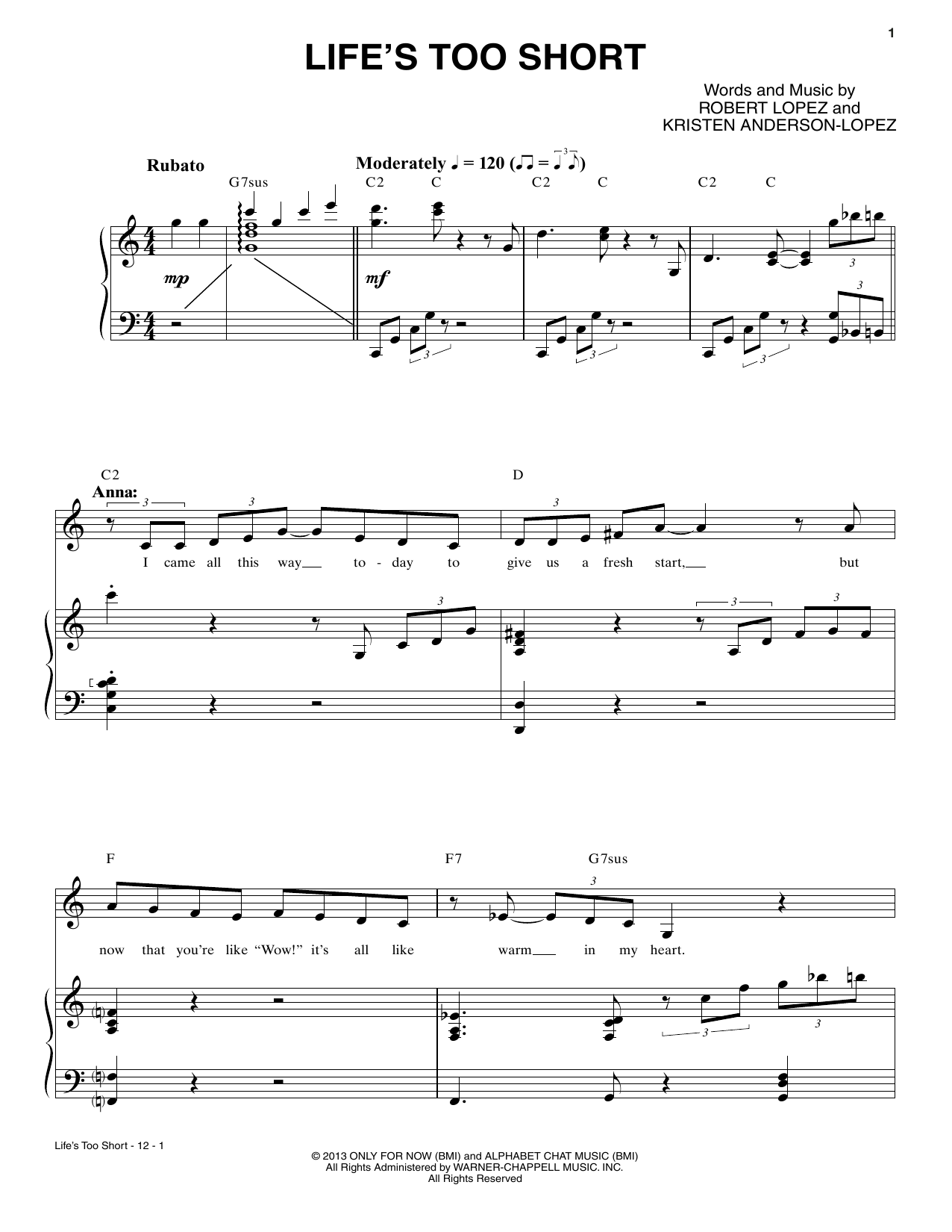 Idina Menzel and Kristen Bell Life's Too Short sheet music, chords, lyrics - Printable PDF for Piano & Vocal