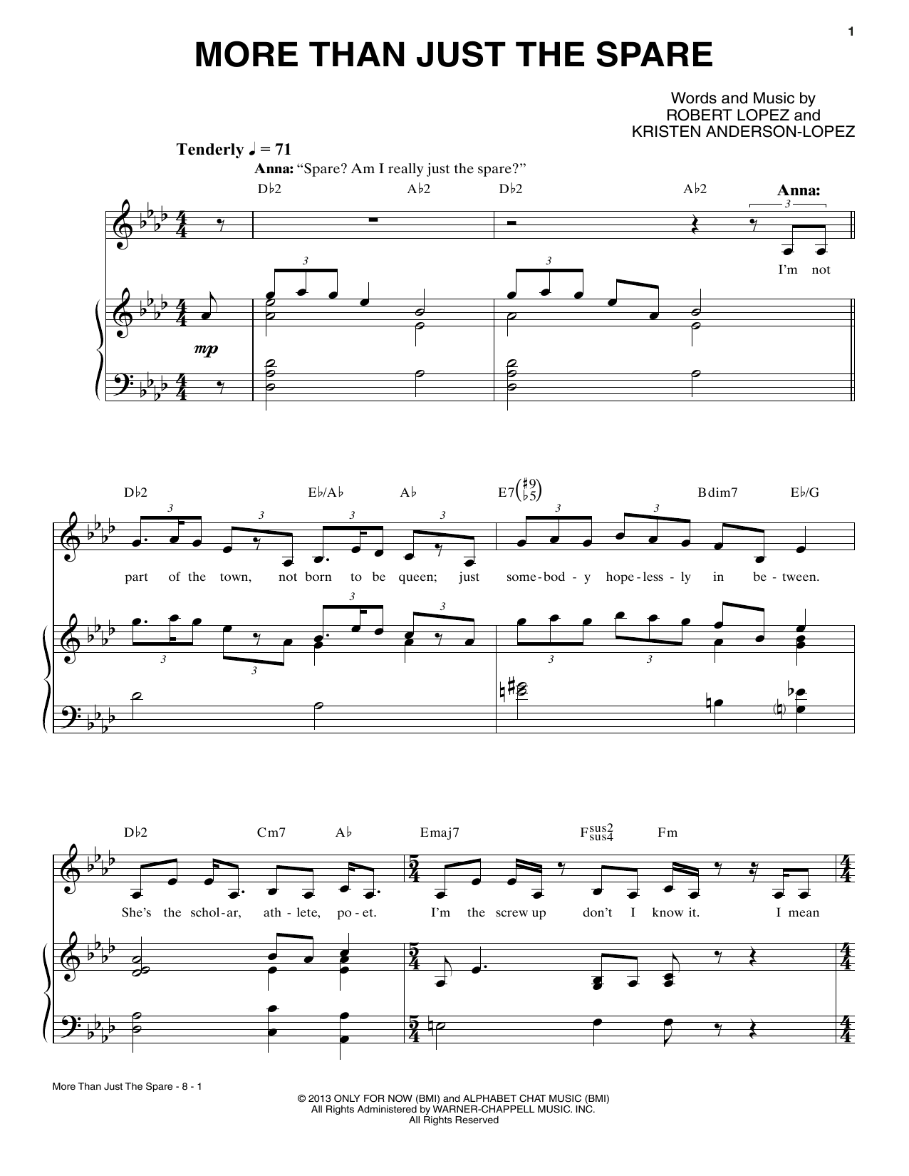 Kristen Anderson-Lopez More Than Just The Spare sheet music, chords, lyrics - Printable PDF for Piano & Vocal